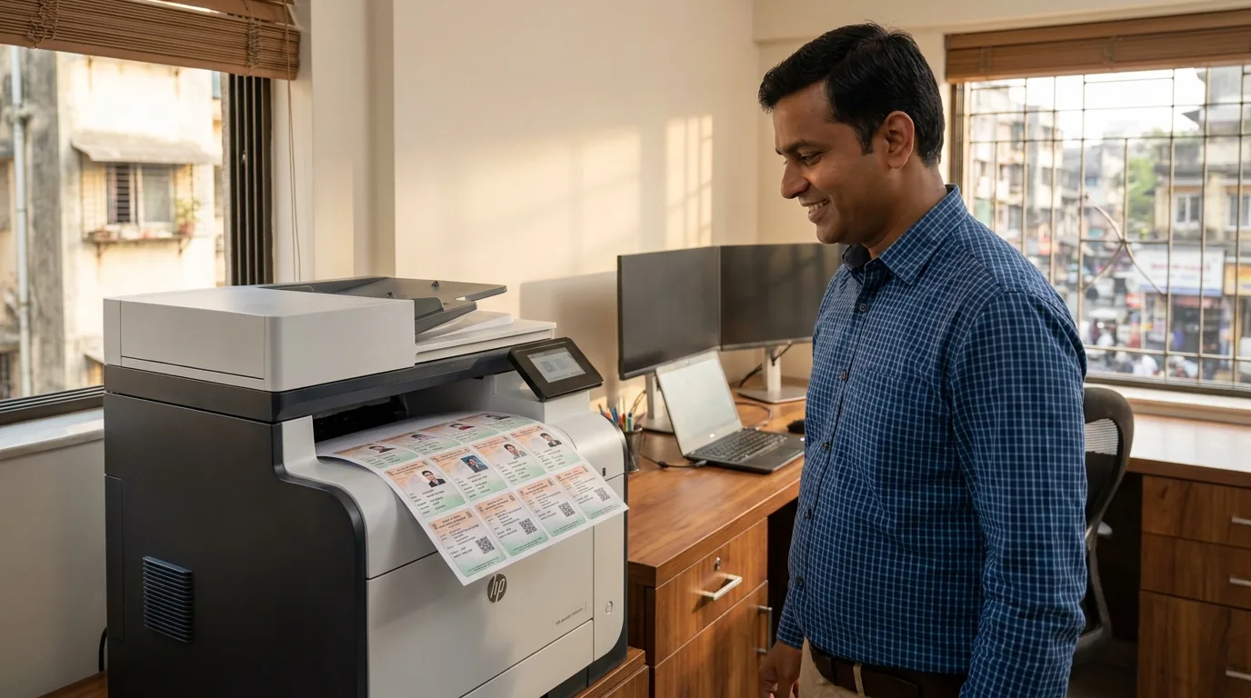 An operator standing beside an office printer as it outputs an A4 landscape sheet carrying ten voter ID cards — five fronts on the top row, five matching backs below.